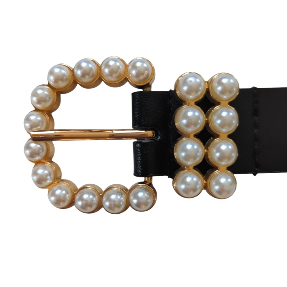 Faux Leather Belt with Elegant Pearl Gold Tone Buckle LARGE Black White Gold - Picture 2 of 16